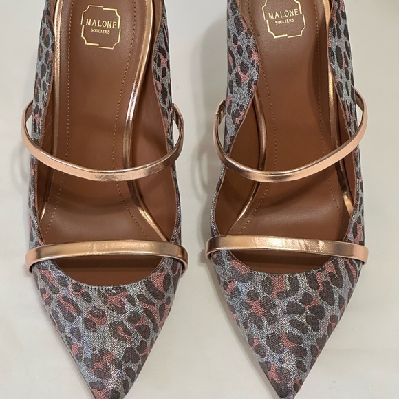 Malone Souliers Leopard Print Maureen Mules with Rose Gold Straps and heel - Picture 5 of 8